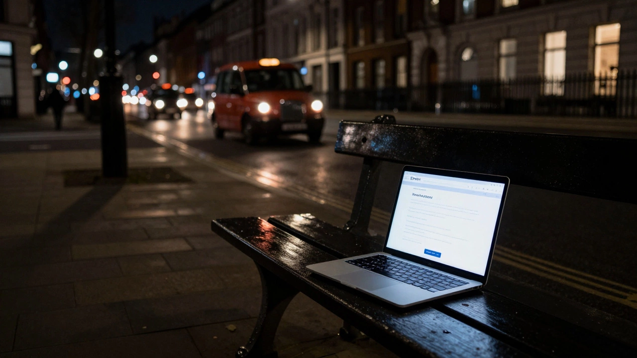 A glowing laptop on a wet London street at night, displaying a private website with no faces visible.