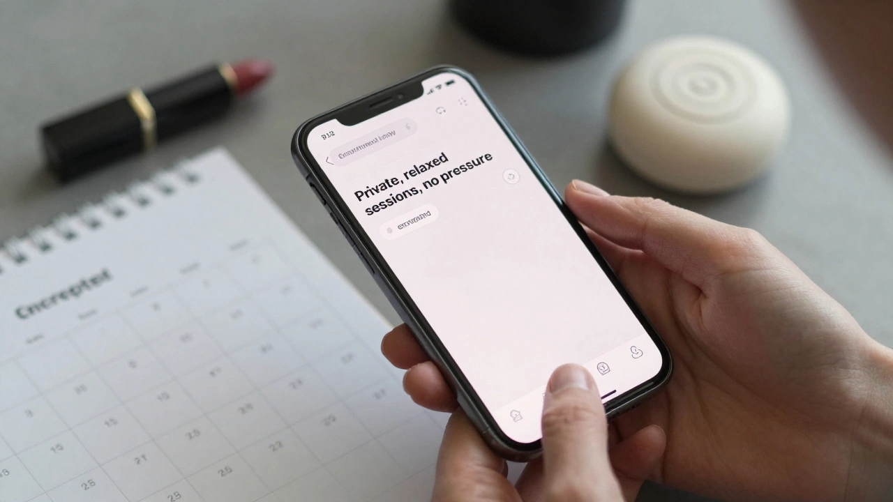 Hand typing on a phone with encrypted messages, surrounded by business tools like a calendar and lipstick.